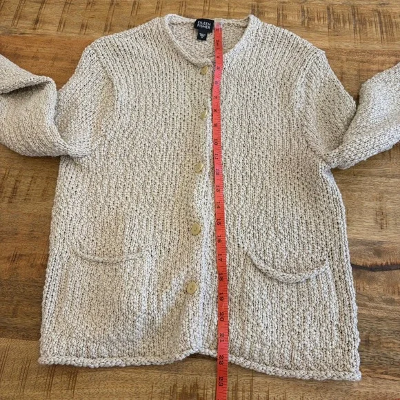 Eileen Fisher Boucle Silk Cotton Cardigan S Beige Knit Button Front Boho Beachy - Picture 10 of 10